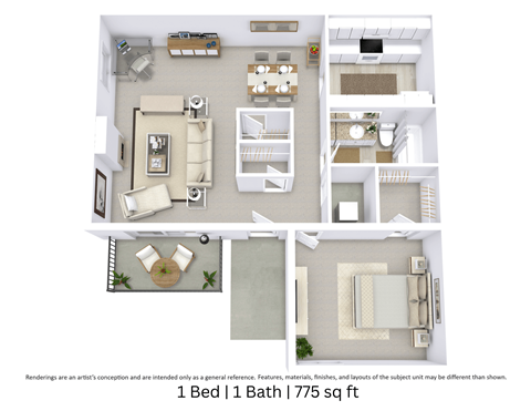 Floor plan for 1 bed, 1 bath, 775 sqft